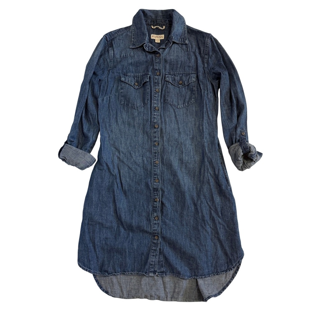 Merona Sz XS Blue Denim Shirt Dress Long Sleeve Button Down Chambray Pocket